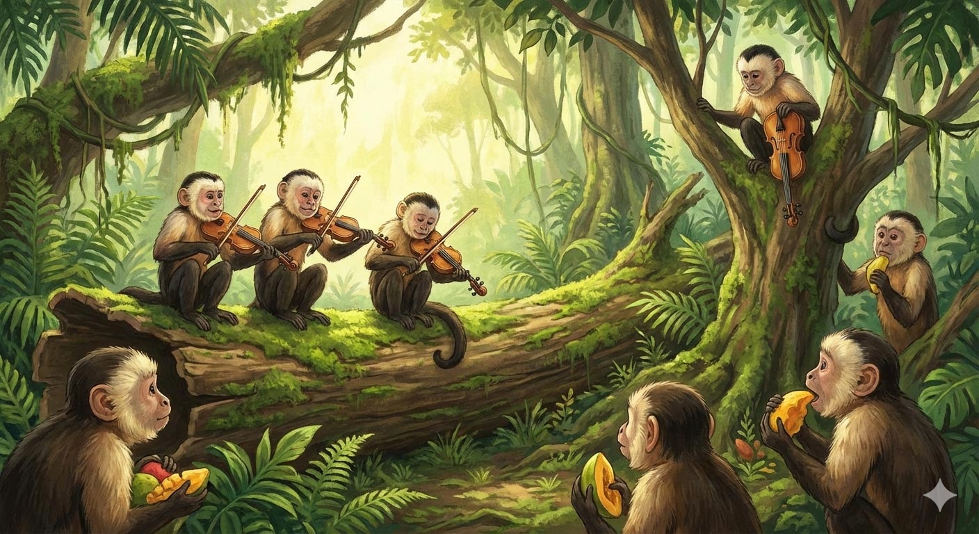 Monkeys playing violin in a forest.